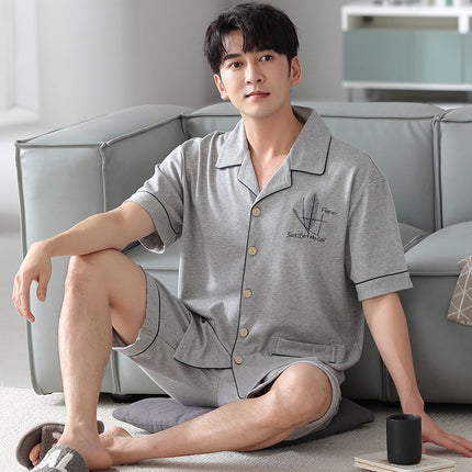New Cotton Pajamas Men's Summer Short-sleeved Shorts Cardigan Lapel Home Clothes Summer Plus Size Loose Set
