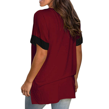 2024 Europe and the United States Spring and Summer Cross-Border New Women's Base Shirt Solid Color V-Neck Short-Sleeve Stitching