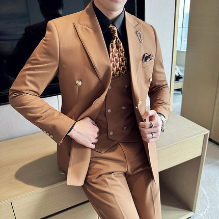 Barge collar dark solid color groom wedding dress suit three-piece business leisure tide annual meeting wholesale group purchase studio