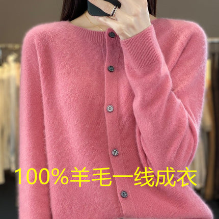 2024 Round-Neck Autumn and Winter Women's Cardigan Sweater Coat 100% Wool Loose Outerwear Versatile Knit Wool