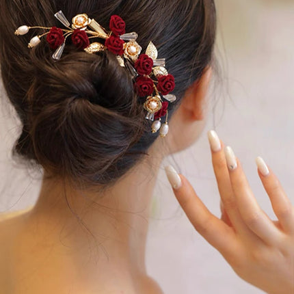 Toast Clothing Side Clip Headwear Tassel Side Clip Red Rose Hairpin Classical Cheongsam Hanfu Daily Accessories