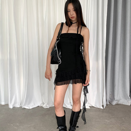 Dorothy South Korea Pure Desire Spice Girl Rose Irregular Mesh Stitching Sling dress Hip Skirt Women