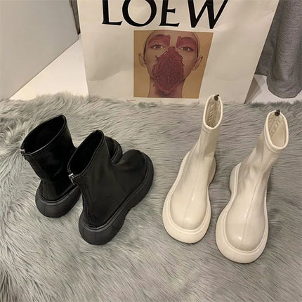New Products, New Small Leather Boots for Women, Thick-Soled Outer Wear, New Mid-Calf Boots, 2025 Spring & Fall New Round-Toe Back Zipper Short Boots