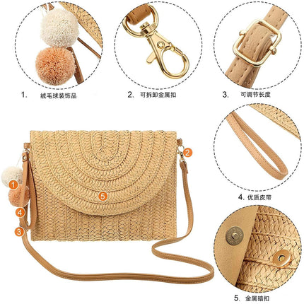 Cross-Border New Straw Woven Bag, Hand-Woven Bag, Large-Capacity Envelope Bag, Single Shoulder Crossbody Bag, Women's Vacation Beach Bag