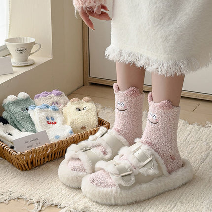 Coral Fleece Socks for Women, Mid-Calf, Winter Warm Thickened Maternity Socks, Three-Dimensional Plush Cartoon Home Floor Socks