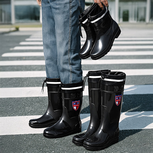 Black High-Tube Men's Rain Boots for Foreign Trade, Waterproof and Non-Slip Kitchen Shoes, Warm Mid-Tube Men's Water Boots, Rain Boots