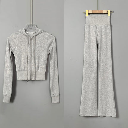 South Korea Dongdaemun slim-fit sexy figure-flattering sports suit women's hooded zipper short coat + flared pants