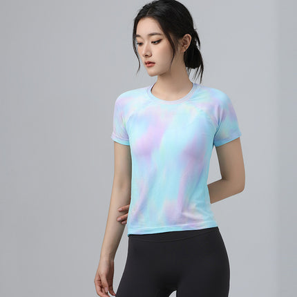 LULU High Elastic Breathable Lightweight One-piece Yoga Aurora Magic Color Half-sleeved Short-sleeved Running T-shirt New