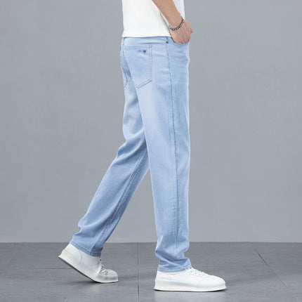2025 Light Tencel Jeans Men's Straight Tube Loose Summer Thin Blue and White High-end light blue Casual Trousers