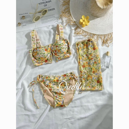 Source Factory Summer New Style Fresh Pastoral Style Vacation Bikini Small Breast Push-Up Split Swimsuit with Skirt for Women