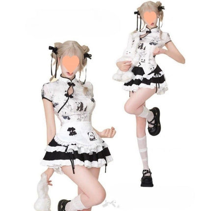 New Chinese Style Chinese Girl Print Improved Cheongsam Button Top High Waist Cake Skirt Cute Apron Summer Suit for Women