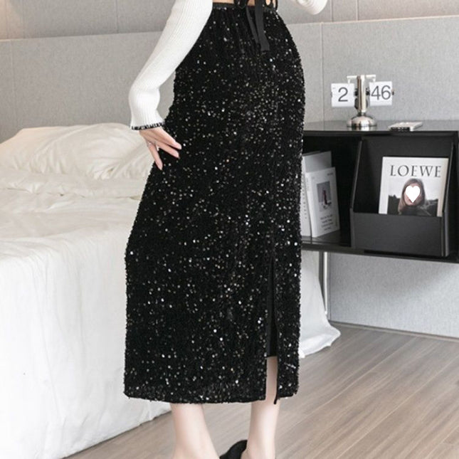 plus size French Style Retro Pearlescent Glittering Sequin Skirt Women's Spring and Autumn Draping Hip A- Line Long Skirt chubby girl Skirt