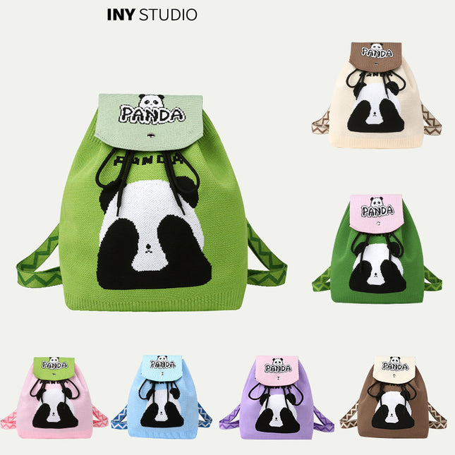 Grandpa Panda Cartoon Knitted Bag Women's Handbag Spring and Summer Popular Large Capacity Shoulder Drawstring Bag Versatile Backpack