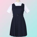 Dark blue (dress) + women's white round neck short-sleeved shirt + belt / XS