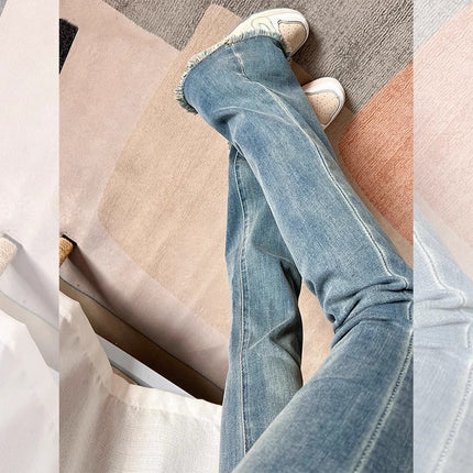 Vintage Blue High Waist Burr-Edge Micro-Lar Jeans Women's Trendy All-Match New Slim-Fit Slimming Trumpet Long Pants