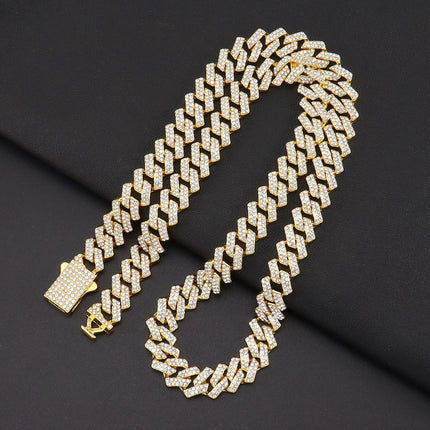 Full Diamond Encryption Cuban Chain Hip-Hop Necklace European and American Cross-border TEMU Trendy Spring Buckle Neck Chain Accessories