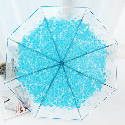 Fully Automatic Folding Plastic Transparent Cherry Blossom Umbrella for Women, Long Handle Apollo Style, Fresh and Simple, for Children, Students, Performances, Wholesale
