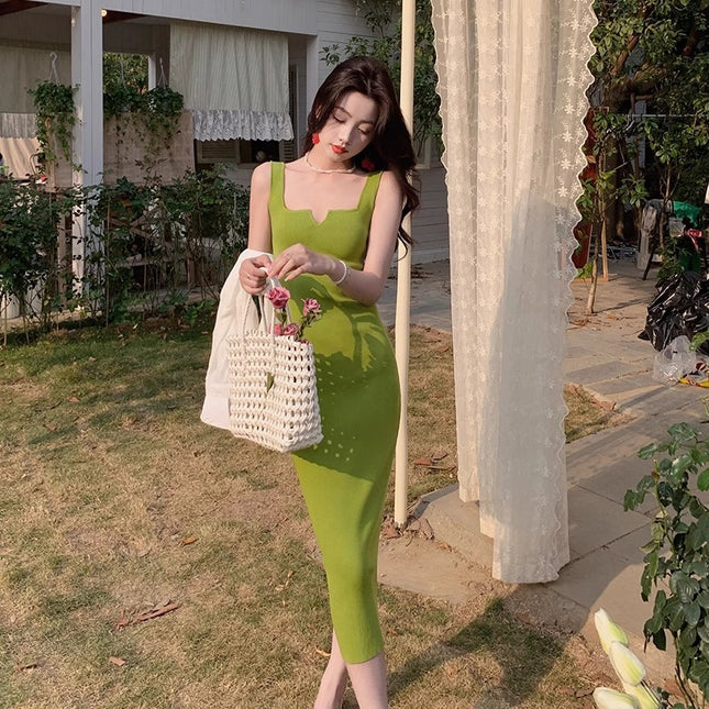 Chuqing Independent French Style Avocado Green Knitted Suspender Dress Women's Summer Slim Inner Vest Dress