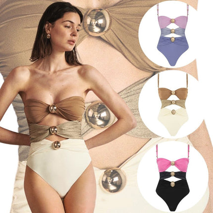 2024 European and American Amazon Aliexpress One-piece Swimsuit Gold Button Color Matching Three-color Sexy Swimsuit Suit for Women