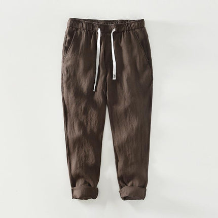 P8236 Summer New Pure Color Simple Casual Pants Men's Linen Breathable Lace-Up Pants Men's One-Piece Drop Shipping