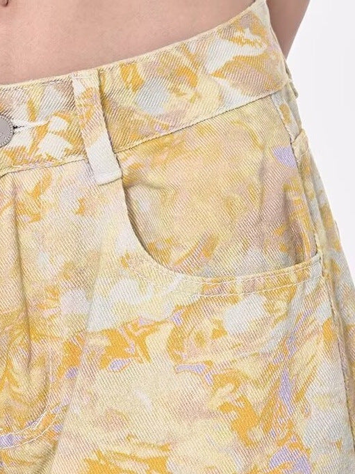 Summer Tie-Dye Printed Light Blue Wide-Leg Jeans for Women 2025 New High-Waisted Drapey Straight-Leg Petite Floor-Length Pants