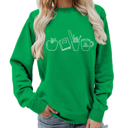 Apple Books Tea Cup Pencil Printing Crewneck Women's Top Sweatshirt Foreign Trade Supply Autumn and Winter Coat Casual Loose