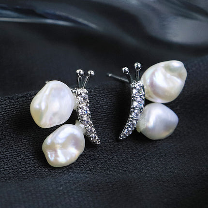 Natural Pearl Butterfly Zircon Sterling Silver Earrings High-End Baroque S925 Silver Simple Handmade Earrings Jewelry