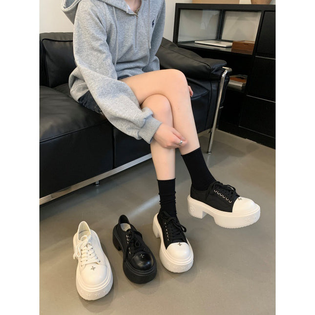 2024 Internet Popular Same Style Large Round Head 7cm Thick Sole Increased Lace-up Round Head Small White Shoes Casual Canvas Shoes Women's Autumn and Winter