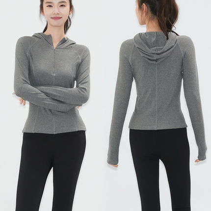 Spring Women's Jacket Figure Long Sleeve Zipper Hooded Elastic Slim-Fit Sweatshirt Sports New Fitness Yoga Clothes