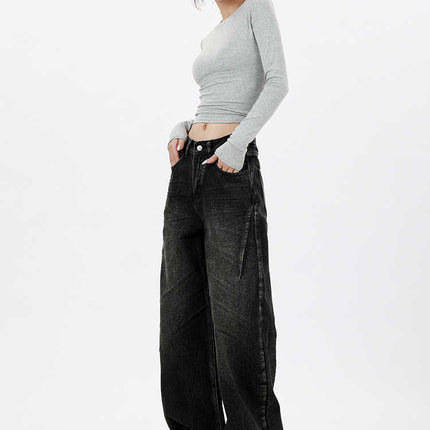 Vintage Washed Black Wide-Leg Jeans for Women 2025 Autumn Loose Design Slimming Straight Floor-Length Pants