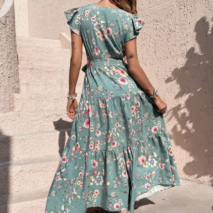 【Code】Summer Vacation Floral Dress with Floral Print, Butterfly Sleeves, Ruffled Belt, Vacation Style, Light Luxury