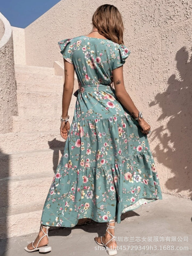 【Code】Summer Vacation Floral Dress with Floral Print, Butterfly Sleeves, Ruffled Belt, Vacation Style, Light Luxury