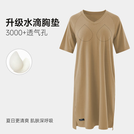 7A Antibacterial Short-sleeved Nightgown Women's Summer Cool Solid Color V-neck Women's Home Wear Outfit Spring and Summer Nightgown with Chest Pad
