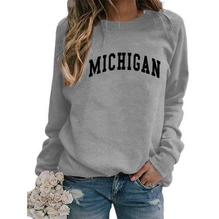 Cross-border supply of European and American foreign trade MICHIGAN printed crew neck sweater top women's coat autumn and winter European size
