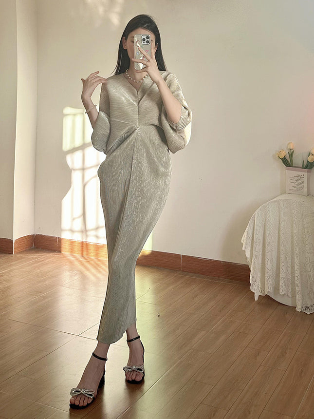 Long Skirt Summer Women's Clothing Export New Shenzhen Nanyou Classy Pleated Dress Classy Metallic Gloss