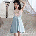 Lake blue individual suspenders + black butterfly fishnet stockings / M( 35-47.5kg )