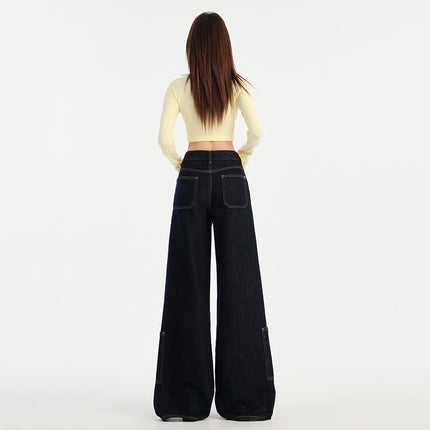 American Denim Blue Jeans for Women, Autumn New Style, Pocket Design, Large Straight Loose Lazy Floor-Length Wide-Leg Pants