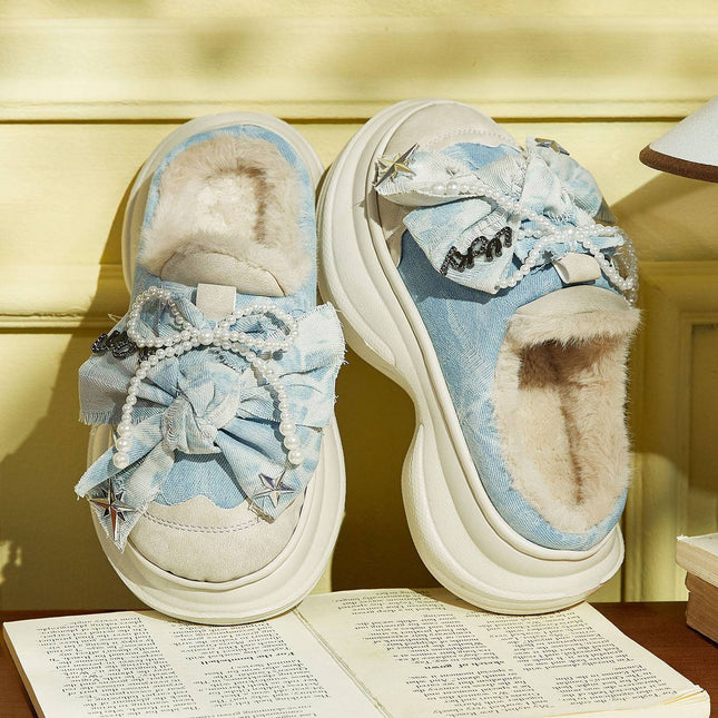 Plush Bowknot Slip-On Slippers for Women, Outdoor Wear, 2026 Autumn/Winter New Style, Fleece-Lined Cotton Slippers, Non-Slip Furry Slippers