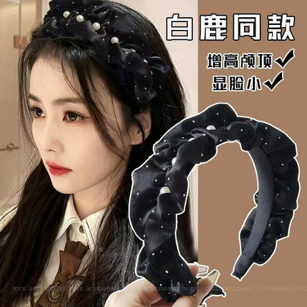 Princess-Style Black Satin Pleated Rhinestone Headband for Women with High Crown, Elegant and Face-Slimming, Starry Pearl Headband