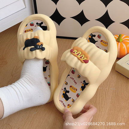 Women's Summer Slippers with Poop Feeling, Cartoon Hot Dog, Internet Celebrity Couple, Soft Bottom, Home Non-Slip Indoor Sandals, Holiday Slippers