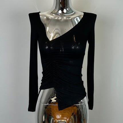 New Products from Dongdaemun, South Korea, Are Skin-Friendly and Show Off Your Figure~Sexy V Neck Pleated Slim Long-Sleeved T-Shirt Ye