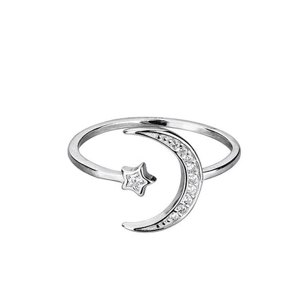 Korean and Japanese New Style High-End Cross-Border Favorite Micro-Inlaid Zircon Five-Pointed Star Moon Ring for Women, Elegant Open Ring Jewelry