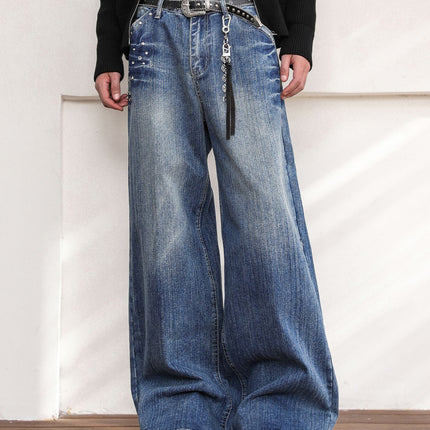 American Retro Rivet Design Jeans for Men and Women, Street Vibe Style Washed Lightning Pattern Straight Pants for Couples