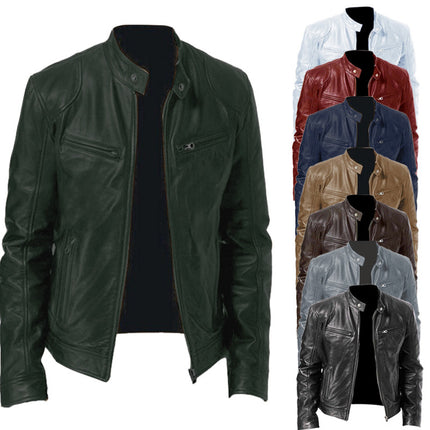 Foreign Trade Business Gentleman Warm Zipper Cardigan Pocket Decorative PU Leather Jacket Stand Collar Slim Fit Zipper Leather Jacket