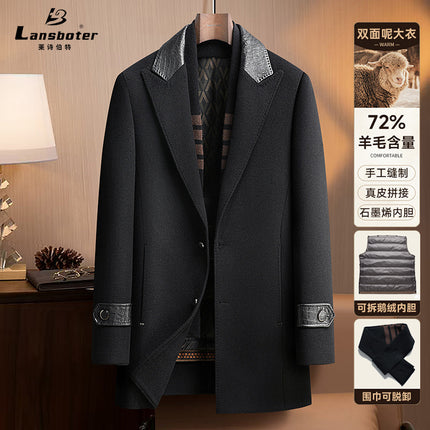 Genuine Leather Collar Double-Sided Wool Outwear for Men, Autumn and Winter Trendyy Removable Goose down Liner Woolen Outwear, Large Size Men's Clothing