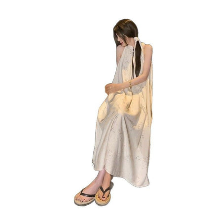 Retro Elegant Long Dress Mori Style Cold Dark Pattern Bamboo New Chinese Style National Style Sleeveless Neck dress Women