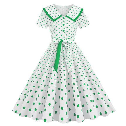 2025 Cross-Border Foreign Trade New Style Lapel Retro Polka Dot Repair Slim Retro Large Hem Dress with Belt Ready for Sale