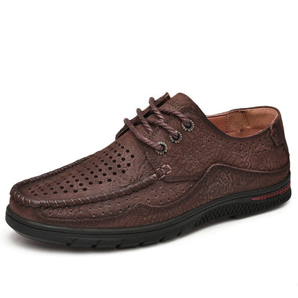 Leather Shoes Men's 2025 New Summer Breathable Hollow-out Leather Shoes Men's Leather Top Layer Cowhide Low-top Lace-up Casual Shoes