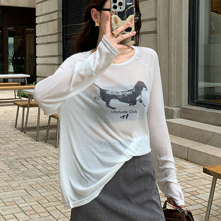Lyocell Lazy Style Retro Dog Print Sun-Protective Long-Sleeve T-Shirt Summer Loose Versatile Top Blouse Versatile Top