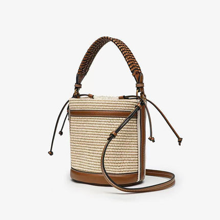 Zr Women's Bag 2025 New Color-Blocked Straw Shoulder Crossbody Bag Beach Outing Handbag Woven Bucket Bag Versatile